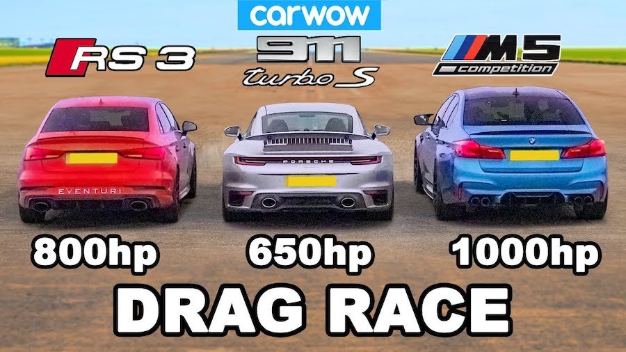 BMW M5 Vs Audi RS3 Vs Porsche 911 Turbo S Fight In 2,450 HP Drag Race