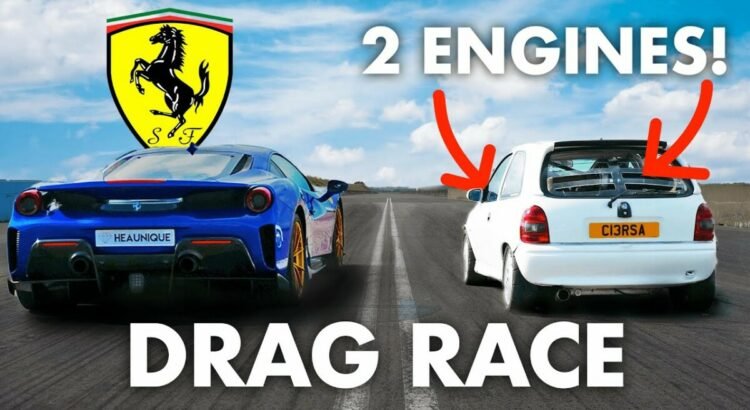 Opel Corsa With Two Engines And 1,200 HP Drag Races Ferrari 488 Pista